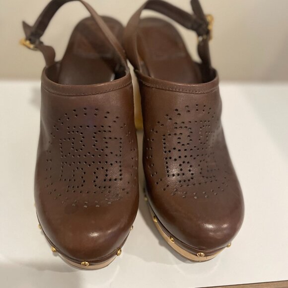 Tory Burch Brown Leather and Wood Platform Clogs size 8M - Picture 2 of 6